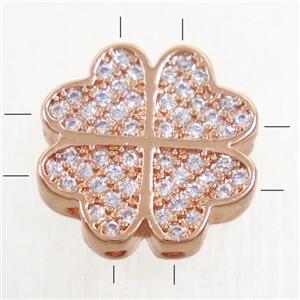 copper four-leaf Clover beads paved zircon, rose gold, approx 12mm [FDZN4932-12MM]