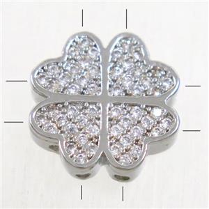 copper bead paved zircon, clover, platinum plated, approx 12mm [FDZN4933-12MM]