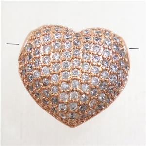 copper heart beads paved zircon, rose gold, approx 14x15mm [FDZN4936]