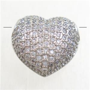 copper heart beads paved zircon, platinum plated, approx 14x15mm [FDZN4937]
