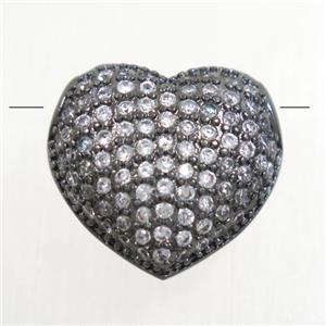 copper heart beads paved zircon, black plated, approx 14x15mm [FDZN4939]