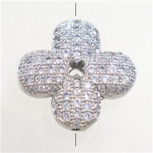 copper beads paved zircon, clover, platinum plated, approx 16mm [FDZN4942]