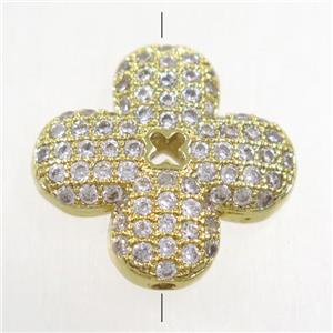 copper beads paved zircon, clover, gold plated, approx 16mm [FDZN4943]