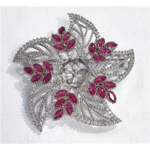 copper flower brooch paved zircon, platinum plated, approx 40mm dia [FDZN495]