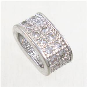European style copper oval bead paved zircon, platinum plated, approx 6x10mm [FDZN4964]
