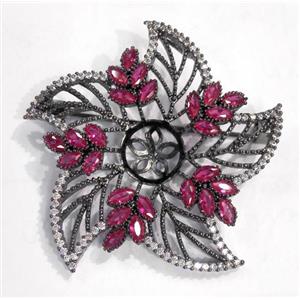 copper flower brooch paved zircon, black, approx 40mm dia [FDZN497]