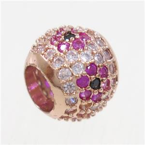 European style round copper beads paved zircon, rose gold, approx 11.5mm dia, 6mm hole [FDZN4972]