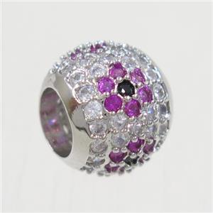 European style round copper beads paved zircon, platinum plated, approx 11.5mm dia, 6mm hole [FDZN4973]