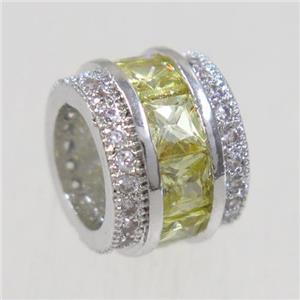 European style copper beads paved zircon, tube, platinum plated, approx 8x10.5mm, 6mm hole [FDZN4975]