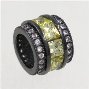 European style copper beads paved zircon, tube, black plated, approx 8x10.5mm, 6mm hole [FDZN4977]