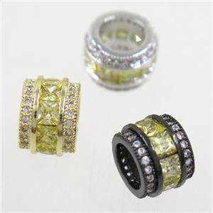 European style copper beads paved zircon, tube, mix color, approx 8x10.5mm, 6mm hole [FDZN4978]