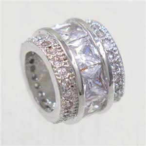 European style copper beads paved zircon, tube, platinum plated, approx 8x10.5mm, 6mm hole [FDZN4979]