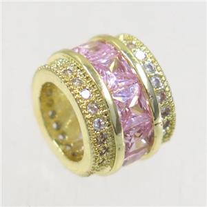 European style copper beads paved zircon, tube, gold plated, approx 8x10.5mm, 6mm hole [FDZN4980]
