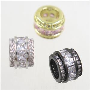European style copper beads paved zircon, tube, mix color, approx 8x10.5mm, 6mm hole [FDZN4982]
