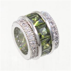 European style copper beads paved zircon, tube, platinum plated, approx 8x10.5mm, 6mm hole [FDZN4983]