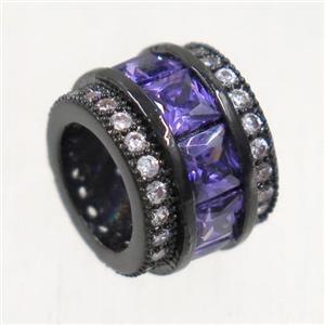 European style copper beads paved zircon, tube, black plated, approx 8x10.5mm, 6mm hole [FDZN4988]