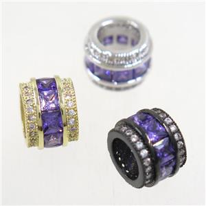 European style copper beads paved zircon, tube, mix color, approx 8x10.5mm, 6mm hole [FDZN4989]
