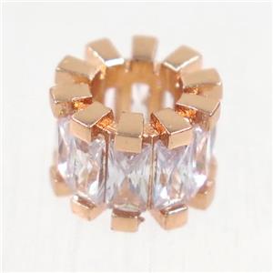 European style copper beads paved zircon, tube, rose gold, approx 7-11mm, 5mm hole [FDZN4990]