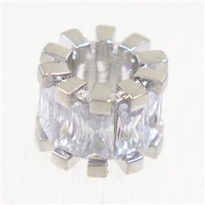European style copper beads paved zircon, tube, platinum plated, approx 7-11mm, 5mm hole [FDZN4991]