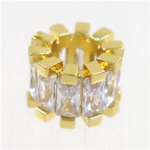 European style copper beads paved zircon, tube, gold plated, approx 7-11mm, 5mm hole [FDZN4992]