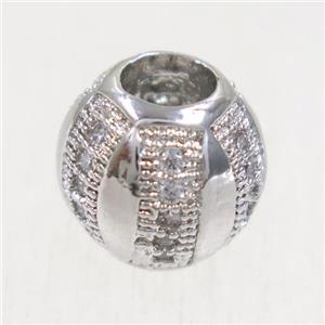 European style copper barrel beads paved zircon, platinum plated, approx 9.5mm dia, 4mm hole [FDZN4995]