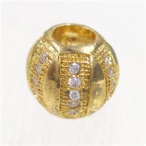European style copper barrel beads paved zircon, gold plated, approx 9.5mm dia, 4mm hole [FDZN4996]