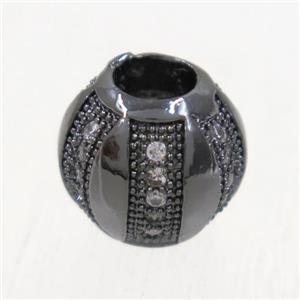 European style copper barrel beads paved zircon, black plated, approx 9.5mm dia, 4mm hole [FDZN4997]