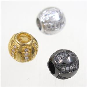 European style copper barrel beads paved zircon, mix color, approx 9.5mm dia, 4mm hole [FDZN4998]