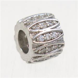 European style copper beads paved zircon, rondelle, platinum plated, approx 6.5x9mm, 4mm hole [FDZN4999]