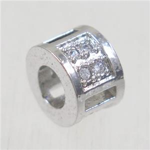 European style copper tube beads paved zircon, platinum plated, approx 6x9mm, 4mm hole [FDZN5003]