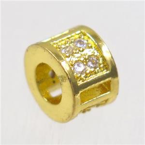 European style copper tube beads paved zircon, gold plated, approx 6x9mm, 4mm hole [FDZN5004]