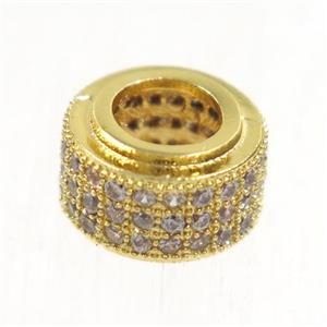 European style copper beads paved zircon, rondelle, gold plated, approx 6x9mm, 5mm hole [FDZN5014]