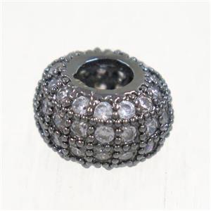 European style copper beads paved zircon, rondelle, black plated, approx 10mm dia, 4mm hole [FDZN5019]