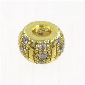 European style copper beads paved zircon, rondelle, gold plated, approx 8mm dia, 3mm hole [FDZN5023]