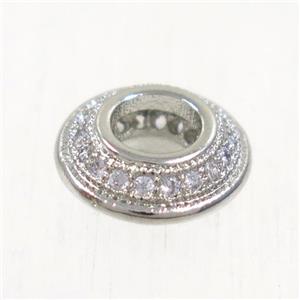 European style copper beads paved zircon, rondelle, platinum plated, approx 9.5mm dia, 4mm hole [FDZN5026]