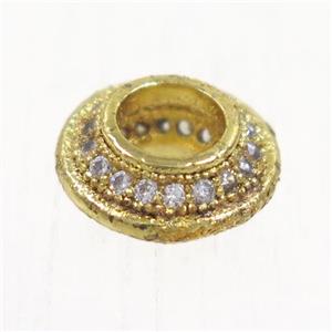 European style copper beads paved zircon, rondelle, gold plated, approx 9.5mm dia, 4mm hole [FDZN5027]
