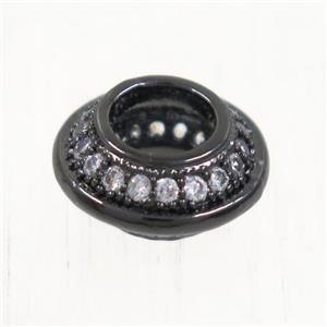 European style copper beads paved zircon, rondelle, black plated, approx 9.5mm dia, 4mm hole [FDZN5028]
