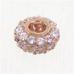 European style copper beads paved zircon, rondelle, rose gold, approx 8mm dia, 3mm hole [FDZN5030]