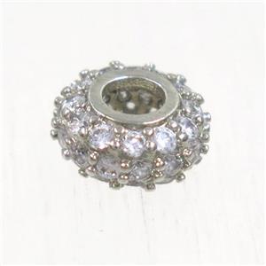 European style copper beads paved zircon, rondelle, platinum plated, approx 8mm dia, 3mm hole [FDZN5031]