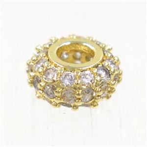 European style copper beads paved zircon, rondelle, gold plated, approx 8mm dia, 3mm hole [FDZN5032]