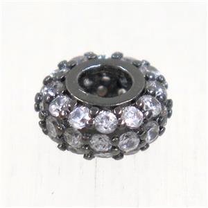 European style copper beads paved zircon, rondelle, black plated, approx 8mm dia, 3mm hole [FDZN5033]