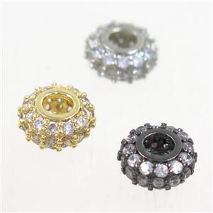 European style copper beads paved zircon, rondelle, mix color, approx 8mm dia, 3mm hole [FDZN5034]