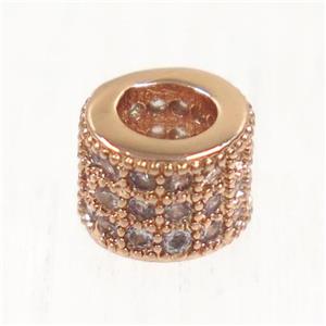 European style copper tube beads paved zircon, rose gold, approx 6mm dia, 3mm hole [FDZN5035]
