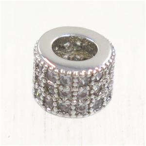 European style copper tube beads paved zircon, platinum plated, approx 6mm dia, 3mm hole [FDZN5036]