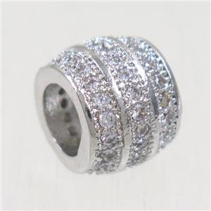 European style copper beads paved zircon, barrel, platinum plated, approx 7.5x9.5mm, 5mm hole [FDZN5049]