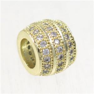 European style copper beads paved zircon, barrel, gold plated, approx 7.5x9.5mm, 5mm hole [FDZN5050]