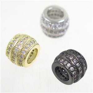 European style copper beads paved zircon, barrel, mix color, approx 7.5x9.5mm, 5mm hole [FDZN5052]