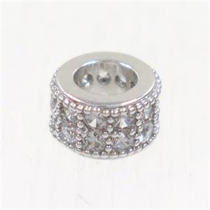 European style copper bead paved zircon, rondelle, platinum plated, approx 4x6mm [FDZN5059]