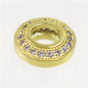 European style copper rondelle beads paved zircon, gold plated, approx 9.5mm dia, 4mm hole [FDZN5064]