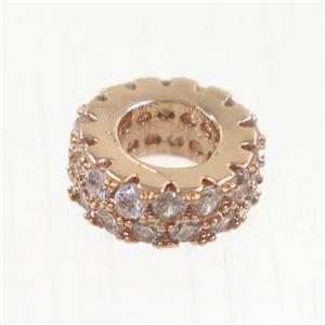 European style copper bead paved zircon, rondelle, rose gold, approx 7.5mm dia, 4mm hole [FDZN5077]